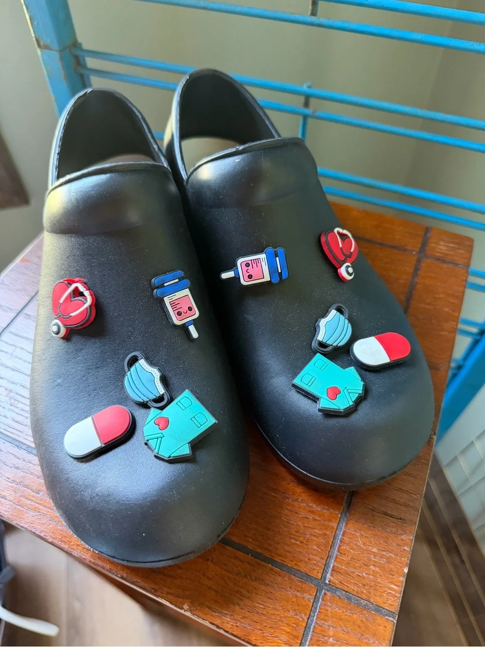 Black Slip-On Medical Clog Shoes with Medical Charms